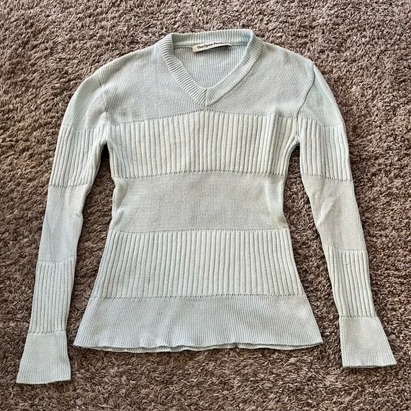 TheOpen Product Blue V Neck Ribbed Sweater Bell Sleeves Women's Size S - Picture 6 of 13